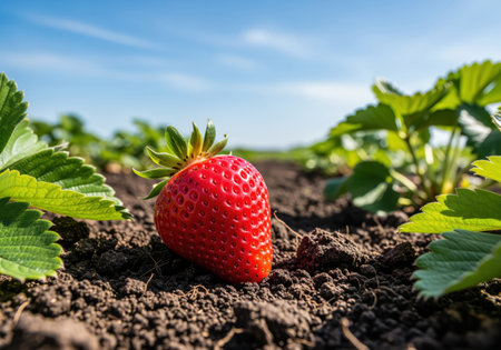 Fresh organic strawberry with green leaves resting on dark fertile soil in a sunny agricultural field. ripe fruit ready for harvest under a clear blue sky.の素材