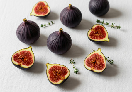 Whole and halved ripe purple figs displaying vibrant red pulp and seeds, scattered with fresh thyme sprigs on a bright white textured tablecloth.の素材