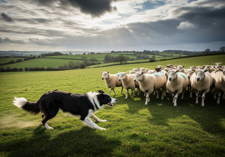 Determined border collie dog running low, actively herding a large flock of sheep across a vibrant green pasture in the rural countryside under a dramatic cloudy sky.の素材