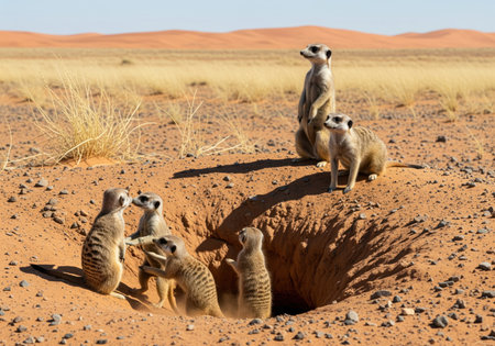Meerkats standing and interacting around the entrance of their underground burrow in the dry, sandy desert environment. two meerkats are on alert, observing the arid landscape and distant sand dunes.の素材