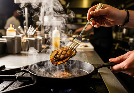 Professional chef lifting grilled food with a fork from a sizzling cast iron pan in a commercial kitchen. dramatic steam rises from the hot oil, highlighting the cooking process.の素材