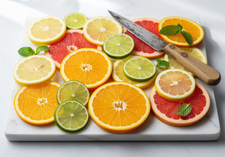 Fresh, colorful slices of orange, lemon, lime, and grapefruit arranged on a white marble cutting board, featuring a knife and mint garnish.の素材