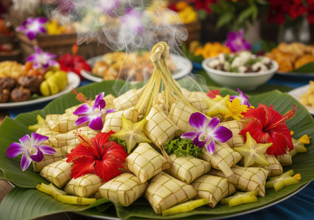 Steaming ketupat rice cakes, woven in palm leaves, displayed on a banana leaf platter. decorated with vibrant red hibiscus, purple orchid flowers, and yellow star fruit slices, suggesting a tropical festive buffet or celebration.の素材