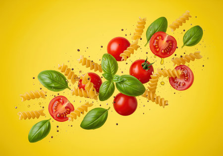 Fusilli pasta, whole and sliced red tomatoes, and vibrant green basil leaves suspended in mid air, seasoned with pepper and oil droplets, against a bright yellow background.の素材