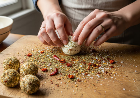 Woman rolling soft cheese balls, covered in a mixture of dried herbs, chili flakes, and salt, on a rustic wooden board. depicts the process of making artisanal food, cooking, and healthy appetizers.の素材