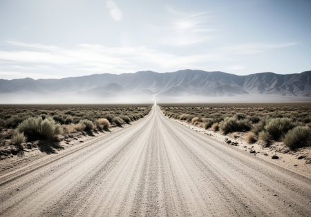 Unpaved dirt road cutting straight through a vast, arid desert landscape covered in scrub brush, leading toward a distant, hazy mountain range under a bright sky.の素材