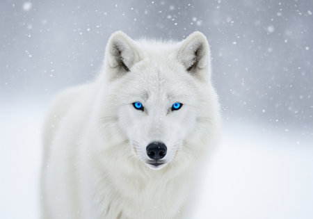 Pure white arctic wolf with striking blue eyes captured in a close up portrait during a heavy winter snowstorm. wildlife, wilderness, and cold concept.の素材