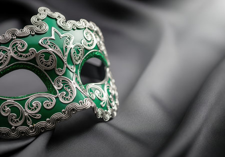 Luxurious emerald green masquerade mask featuring intricate silver filigree design, resting dramatically on dark, draped satin fabric. symbolizes mystery, carnival, and elegance.の素材