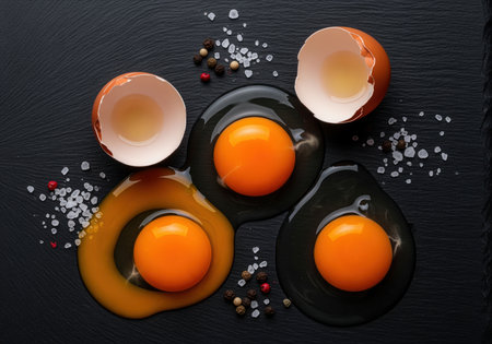 Three cracked raw chicken eggs with vibrant orange yolks and whites spilled onto a dark slate surface, garnished with coarse salt crystals and whole peppercorns.の素材