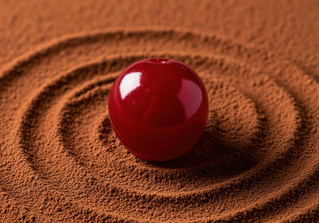 Shiny, deep red chocolate bonbon centered on a bed of fine cocoa powder. concentric lines are raked into the powder, suggesting a zen garden design, emphasizing luxury dessert and texture contrast.の素材