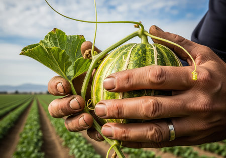 Farmer hands gently cradle a freshly grown, striped green heirloom melon still attached to its vine and leaf. the background shows long rows of crops in a sunny agricultural field, symbolizing harvest, growth, and sustainable farming.の素材