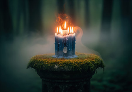Blue multi wick candle burning intensely on a moss covered stone pedestal in a deep, misty forest. dramatic lighting creates a mysterious, occult, and fantasy atmosphere.の素材