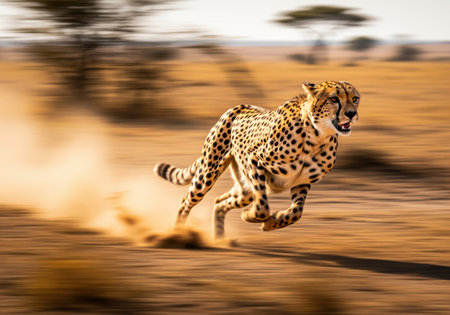 Cheetah running at full stride across the dry, dusty african savanna. the dynamic motion blur effect highlights the immense speed and power of this iconic wild animal.の素材