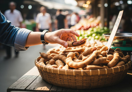 Customer hand reaching across a rustic wooden counter to inspect a cracked tamarind pod, revealing the pulp. a large woven basket is filled with fresh tropical tamarind fruit at a bustling outdoor market stall.の素材