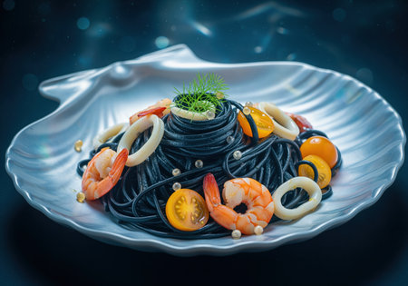 Black squid ink linguine tossed with fresh shrimp, calamari rings, and yellow cherry tomatoes. served elegantly on a shimmering seashell plate, emphasizing gourmet seafood cuisine.の素材