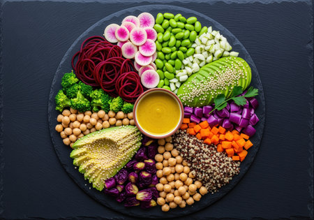 Deconstructed vegan buddha bowl featuring colorful fresh ingredients like avocado, chickpeas, quinoa, edamame, and radish on a dark slate plate, promoting healthy eating and nutrition.の素材