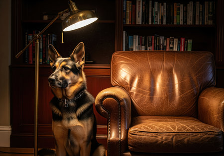 German shepherd dog sitting patiently next to a classic brown leather armchair illuminated by a brass floor lamp in a traditional, dark study with a bookcase.の素材