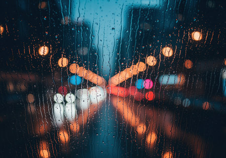 Abstract view of colorful city lights blurred into bokeh shapes seen through a window covered in rain drops and streaks. urban atmosphere and weather concept.の素材