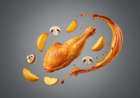Roasted chicken leg drumstick floating dynamically with crispy potato wedges and fresh mushrooms, encircled by a vibrant splash of brown savory sauce. studio shot.の素材