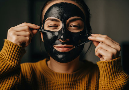 Woman removing a shiny black charcoal peel off facial mask during a self care beauty routine at home. focus on skin cleansing, detox, and spa treatment.の素材