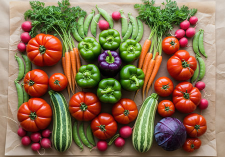 Fresh organic vegetables arranged symmetrically on brown craft paper, including red tomatoes, green and purple bell peppers, carrots, zucchini, radishes, and peas. ideal for healthy eating concepts.の素材