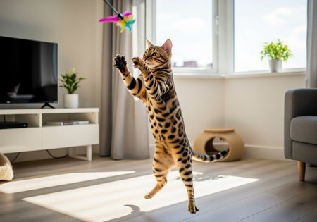 Bengal cat with distinctive leopard spots leaping high in the air, attempting to catch a colorful feather toy wand inside a bright, modern domestic living room. captures playful energy and pet life.の素材