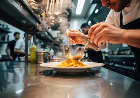 Professional male chef carefully plating steaming hot pasta onto a white dish using two spoons in a busy, stainless steel commercial restaurant kitchen environment.の素材