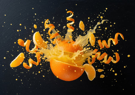 Fresh orange fruit exploding, creating a dynamic splash of juice, flying segments, and curled zest spirals against a dark, textured background. concept of freshness, flavor, and energy.の素材
