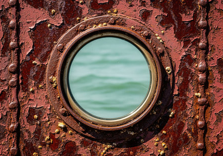 Rusty nautical porthole window embedded in the deeply weathered and peeling red metal hull of an old vessel, offering a view of the turquoise sea water.の素材