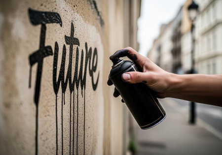 Hand holding black spray paint can writing the word future with dripping paint on a textured urban wall. symbolizing hope, change, street art, and urban expression.の素材