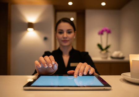 Receptionist or spa attendant using a tablet computer to manage bookings and provide customer service in a high end, warmly lit interior.の素材