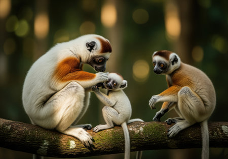 Sifaka lemur family sitting on a mossy tree branch in a lush, green jungle environment. an adult grooms the baby lemur while another adult watches, illustrating social bonding and care in wildlife.の素材