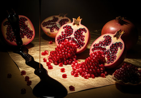 Halved pomegranates spilling vibrant ruby arils onto a textured gold surface under dramatic lighting. dark, thick molasses is poured over the fruit, emphasizing luxury and flavor.の素材