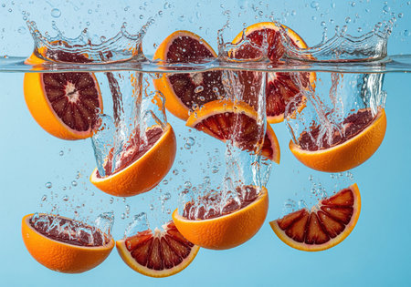 Blood orange slices and halves dynamically splashing into clear water, creating bubbles and surface ripples against a bright blue background. freshness, juice, and healthy citrus fruit concept.の素材