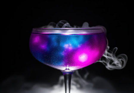Shimmering galaxy cocktail served in a coupe glass, featuring vibrant blue and purple liquid that resembles a cosmic nebula. dry ice smoke swirls around the rim against a dark background.の素材