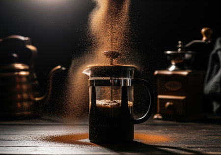 Finely ground coffee powder dramatically falling into a glass french press coffee maker, creating a cloud of dust. dark, moody lighting highlights the brewing process on a rustic wooden table with blurred vintage coffee equipment in the background.の素材