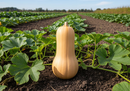 Ripe butternut squash growing in rows on a large organic farm, showcasing healthy green foliage and rich brown earth, symbolizing harvest and autumn.の素材