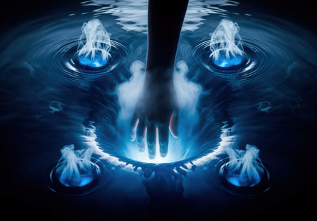 Hand reaching down into a deep, swirling vortex of dark blue water, illuminated by glowing blue energy and surrounded by ethereal white smoke and ripples. abstract concept of power, magic, and immersion.の素材
