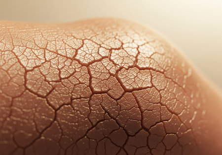 Severely dry cracked skin texture, magnified closeup. visible signs of dehydration, xerosis, and dermatological issues requiring moisturizing treatment. abstract pattern and concept.の素材