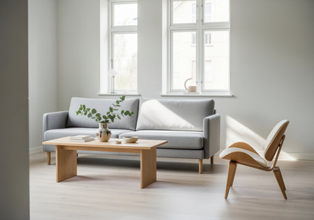 Bright, minimalist scandinavian living room featuring a light gray modern sofa, wooden coffee table, and designer lounge chair. natural sunlight streams through the windows, highlighting the clean aesthetic.の素材