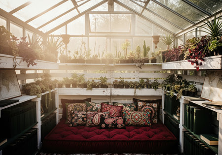 Bohemian lounge interior featuring a red daybed and patterned pillows within a glass greenhouse filled with potted plants, illuminated by warm golden hour light.の素材