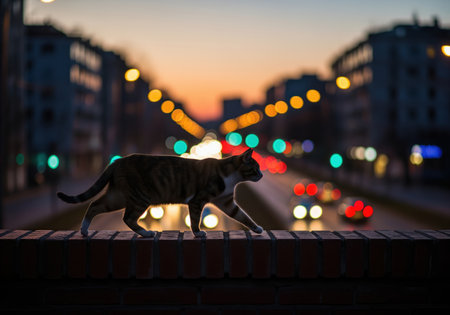 Urban cat walking confidently along a brick wall ledge overlooking a busy city street at dusk. the background features strong bokeh lights from traffic and streetlamps, creating a vibrant, atmospheric scene of urban wildlife and freedom.の素材