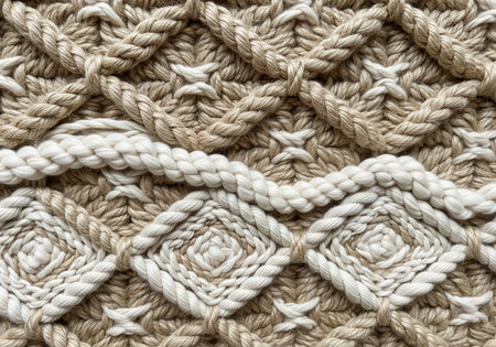 Highly textured close up of a hand woven textile pattern made from thick natural beige and ivory fibers. features intricate braids, knots, and diamond shapes.の素材