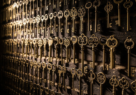 Extensive collection of ornate vintage brass skeleton keys arranged neatly in rows and hanging on a dark, textured brick wall under dramatic lighting.の素材