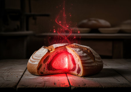 Sliced rustic bread loaf resting on a dark wooden surface, revealing a core of intense, glowing red magical energy and sparkling smoke. concept of enchanted food and hidden power.の素材