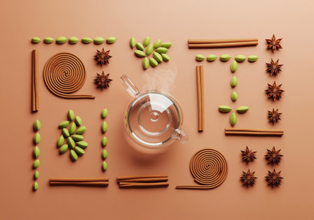 Cardamom pods, cinnamon sticks, and star anise are meticulously arranged in geometric patterns surrounding a steaming glass teapot on a terracotta surface.の素材