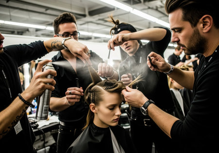 Professional hairstylists intensely styling a model elaborate hair backstage before a runway show. multiple stylists use combs and hairspray simultaneously.の素材