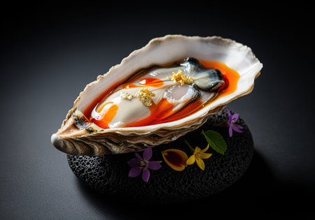 Exquisite premium oyster served in its shell, topped with bright orange chili oil and edible gold flakes. presented dramatically on a textured dark stone with small flowers. represents luxury, fine dining, and seafood delicacy.の素材