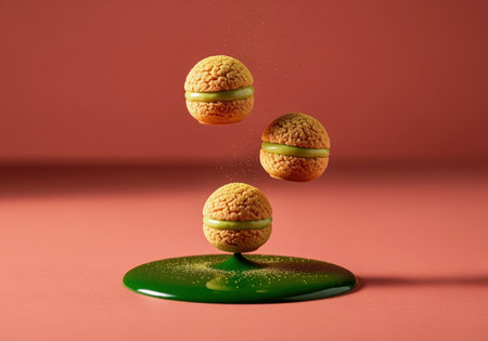 Three spherical cream puffs filled with vibrant green cream, possibly matcha or pistachio, suspended mid air above a pool of glossy green sauce on a pink studio surface. dynamic, stylized food concept.の素材