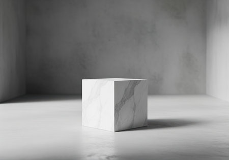 White marble cube podium centered in a minimalist gray studio room with concrete walls and reflective floor. ideal empty stage for luxury product display, cosmetic mockup, or abstract presentation.の素材